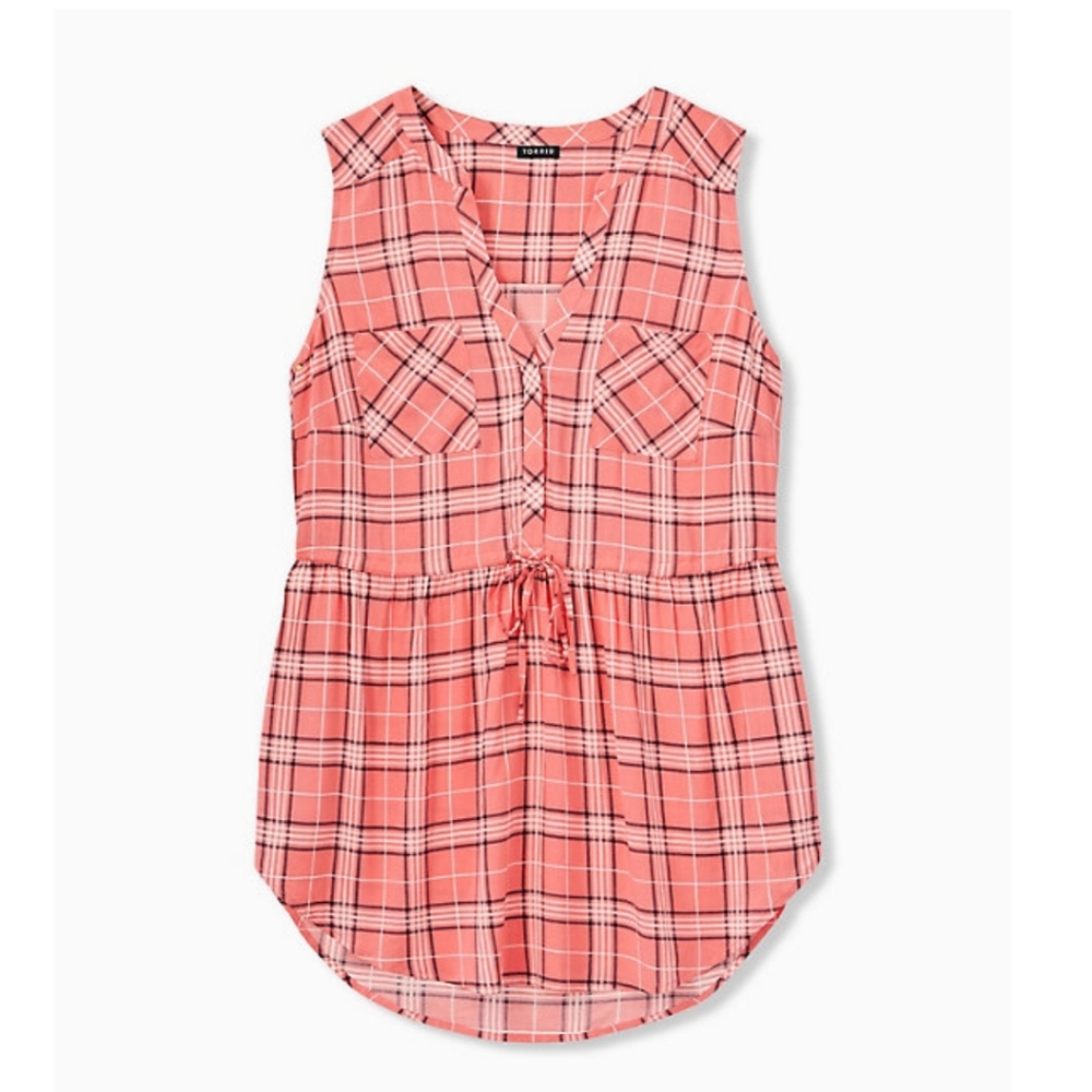 NWOT CORAL PLAID CHALLIS DRAWSTRING BABYDOLL TANK